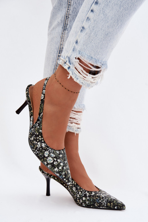 Dekorētas Sieviešu basenes ar papēdi ar puķītēm melnas krāsas Olivelle