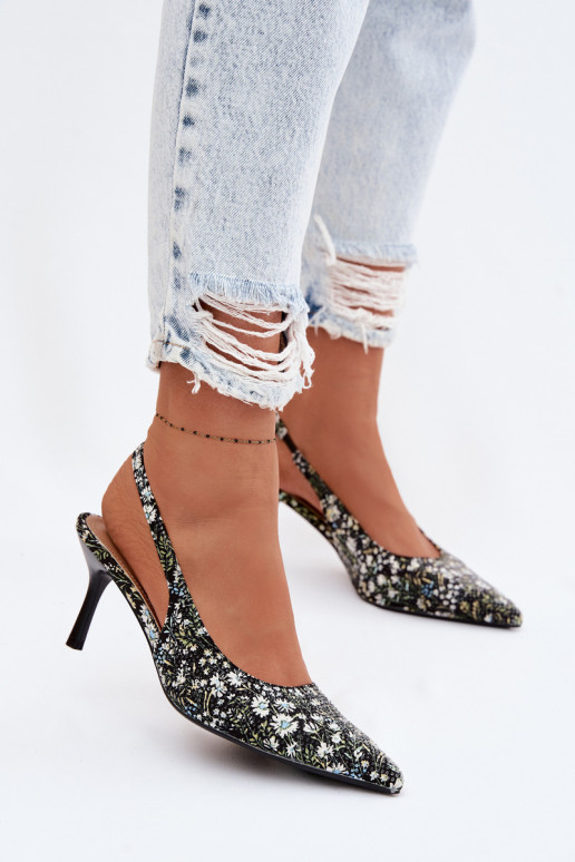 Dekorētas Sieviešu basenes ar papēdi ar puķītēm melnas krāsas Olivelle