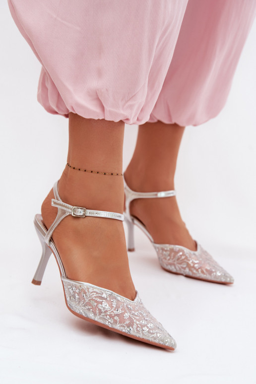 Tīkls Sieviešu basenes ar papēdiSpīdumsującym Zdobieniem Sudraba krāsas Laria