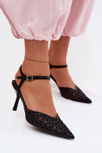 Tīkls Sieviešu basenes ar papēdiSpīdumsującym Zdobieniem melnas krāsas Laria 2