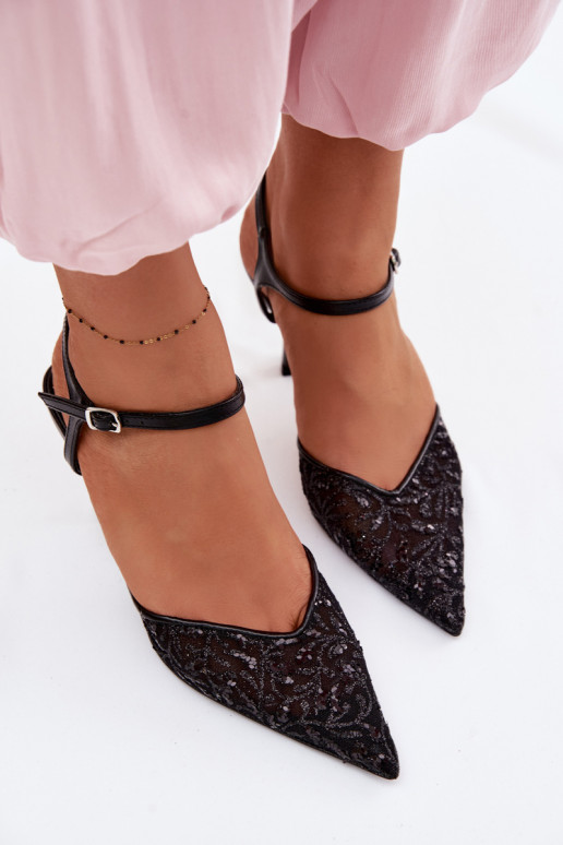 Tīkls Sieviešu basenes ar papēdiSpīdumsującym Zdobieniem melnas krāsas Laria