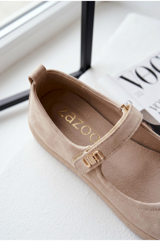 Ādas zamša balerīnas Barefoot ar siksniņām Zazoo 10206 smilšu krāsā