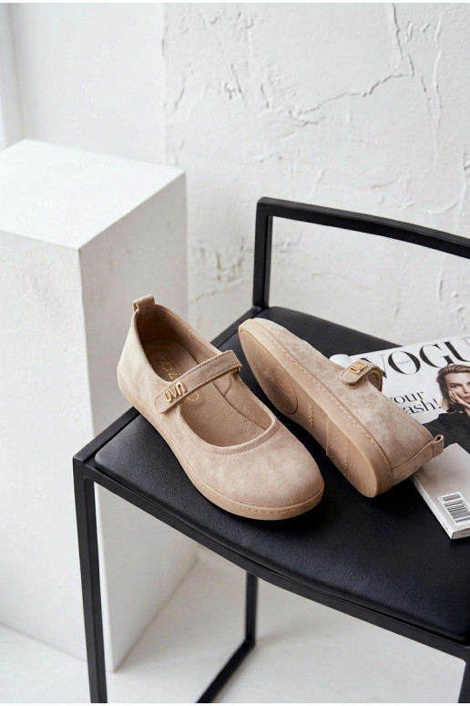 Ādas zamša balerīnas Barefoot ar siksniņām Zazoo 10206 smilšu krāsā