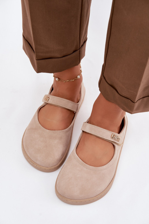 Ādas zamša balerīnas Barefoot ar siksniņām Zazoo 10206 smilšu krāsā