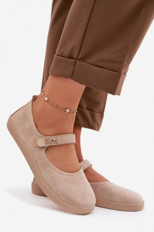 Ādas zamša balerīnas Barefoot ar siksniņām Zazoo 10206 smilšu krāsā