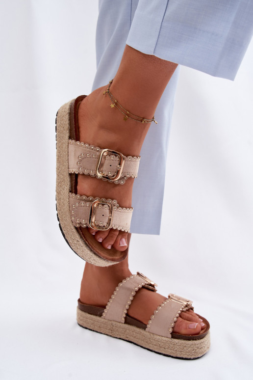 sieviešu čības ar platformu Ar bizi Zelta krāsas ar sprādzītēm I ar kniedēm smilšu krāsas