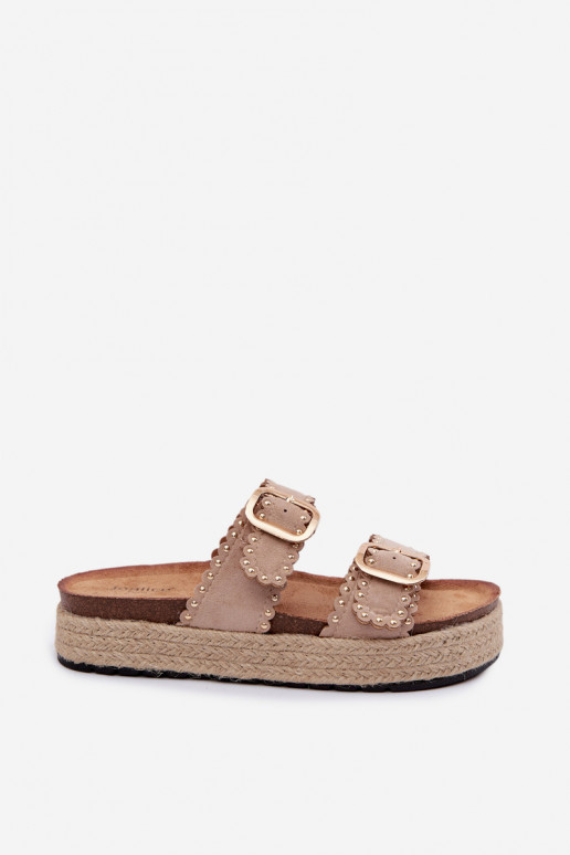 sieviešu čības ar platformu Ar bizi Zelta krāsas ar sprādzītēm I ar kniedēm smilšu krāsas