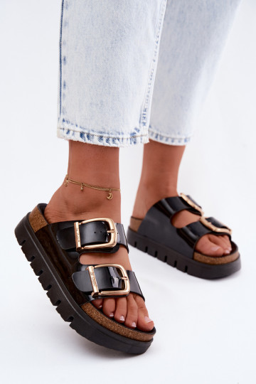 Laque sieviešu čības ar platformu Ze Zelta krāsasmi ar sprādzēmmi Lee Cooper LCIN-26-35-4459L melnas krāsas