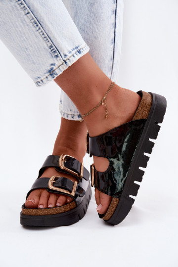 Laque sieviešu čības ar platformu Ze Zelta krāsasmi ar sprādzēmmi Lee Cooper LCIN-26-35-4459L melnas krāsas 2