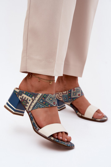 Āda Rakstaina sieviešu čības ar papēdi Tā irciejka K7522-04 smilšu krāsas-Zilas krāsas