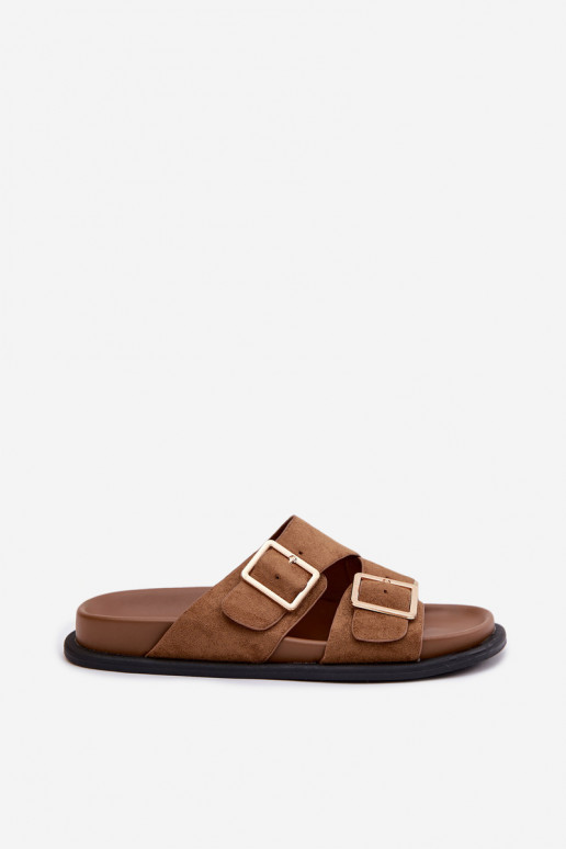 sieviešu čībasImitacji zamšādasu Zelta krāsas ar sprādzītēm brūnas krāsas Selissea