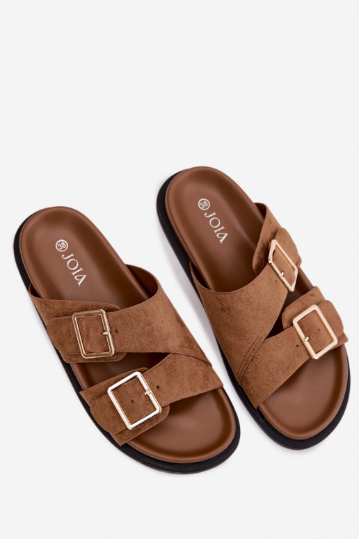 sieviešu čībasImitacji zamšādasu Zelta krāsas ar sprādzītēm brūnas krāsas Selissea