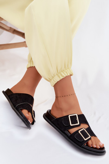 sieviešu čībasImitacji zamšādasu Zelta krāsas ar sprādzītēm melnas krāsas Selissea