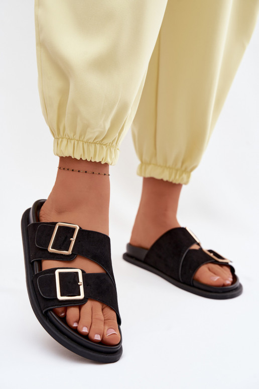 sieviešu čībasImitacji zamšādasu Zelta krāsas ar sprādzītēm melnas krāsas Selissea