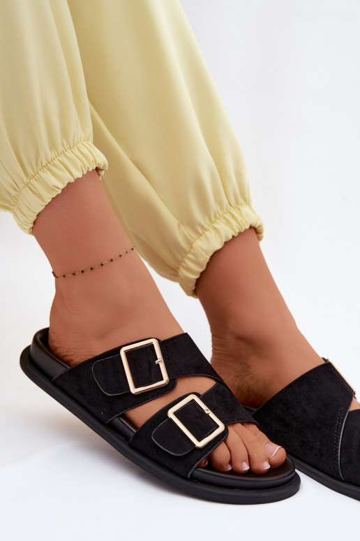 sieviešu čībasImitacji zamšādasu Zelta krāsas ar sprādzītēm melnas krāsas Selissea