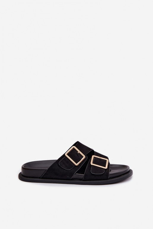 sieviešu čībasImitacji zamšādasu Zelta krāsas ar sprādzītēm melnas krāsas Selissea