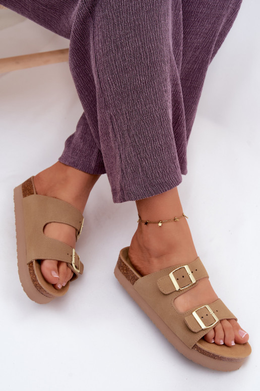 Āda sieviešu zamšādas čības ar platformu ar sprādzēm Vinceza 102657 smilšu krāsas