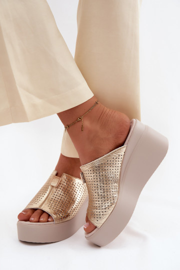 sieviešu čībasIeslēgtsturalnej Skóry ar platformu Vinceza 95392 Zelta krāsas 2