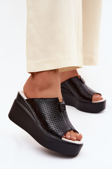 sieviešu čībasIeslēgtsturalnej Skóry ar platformu Vinceza 95392 melnas krāsas 2