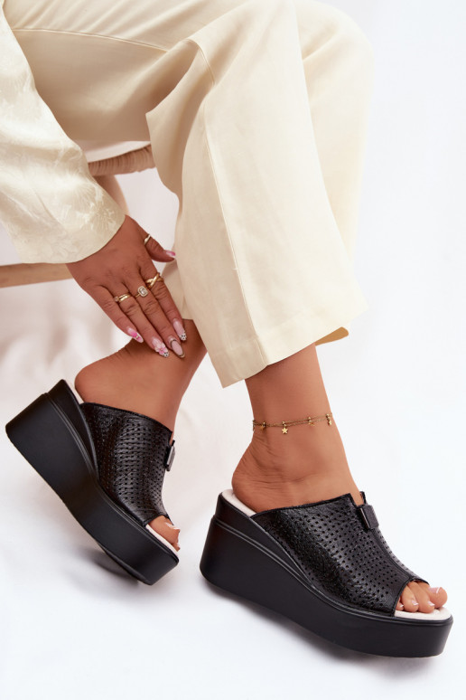 sieviešu čībasIeslēgtsturalnej Skóry ar platformu Vinceza 95392 melnas krāsas