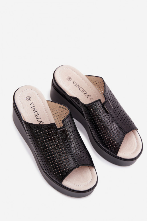 sieviešu čībasIeslēgtsturalnej Skóry ar platformu Vinceza 95392 melnas krāsas