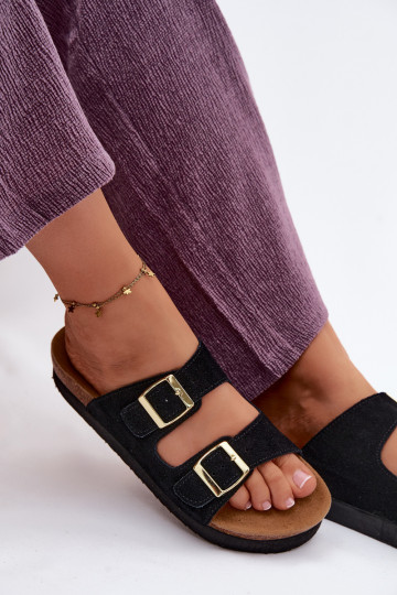 Āda sieviešu zamšādas čības ar platformu ar sprādzēm Vinceza 102657 melnas krāsas