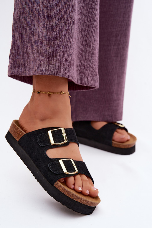 Āda sieviešu zamšādas čības ar platformu ar sprādzēm Vinceza 102657 melnas krāsas