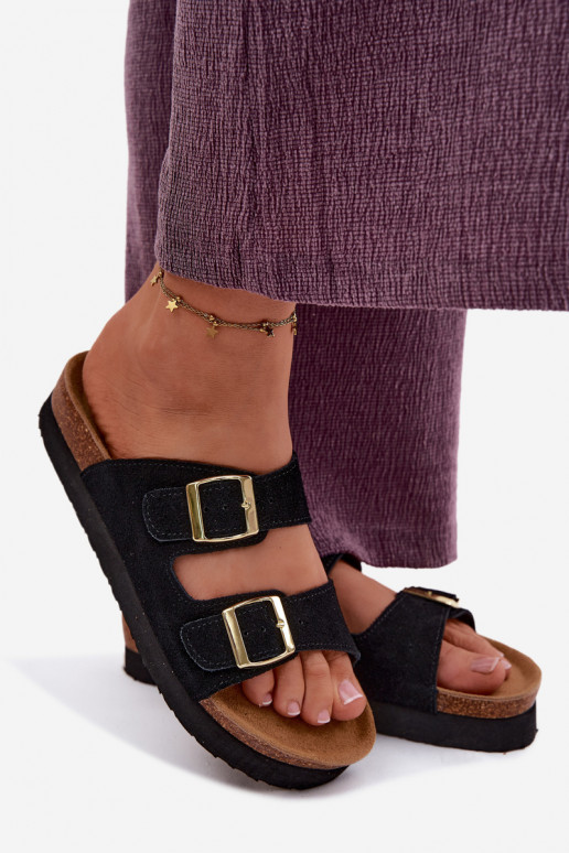 Āda sieviešu zamšādas čības ar platformu ar sprādzēm Vinceza 102657 melnas krāsas