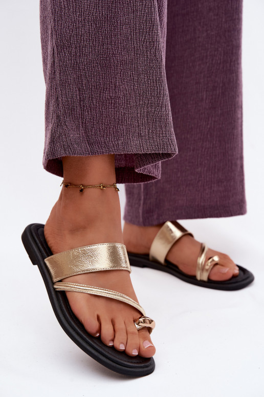 sieviešu čībasIeslēgtsturalnej Skóry ar platiem papēžiem Vinceza 66939 Zelta krāsas