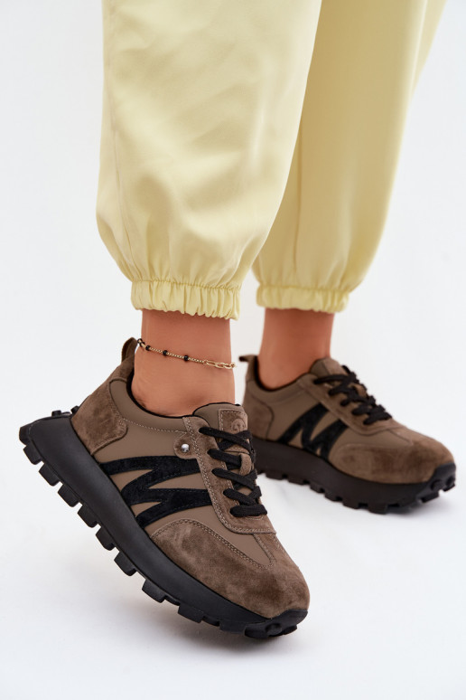 Āda zamšādas Sneakers modeļa apavi Sieviešu ar platformu Vinceza 41520 haki krāsas