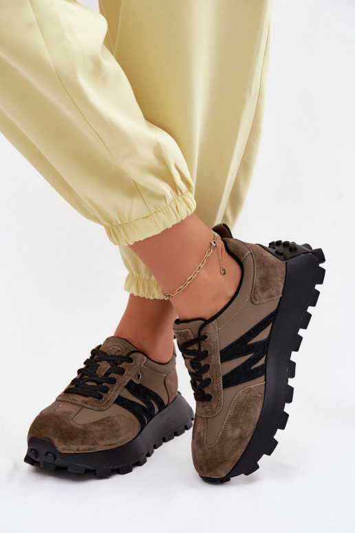 Āda zamšādas Sneakers modeļa apavi Sieviešu ar platformu Vinceza 41520 haki krāsas