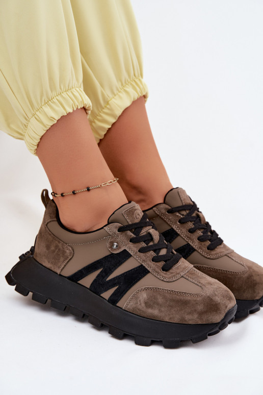 Āda zamšādas Sneakers modeļa apavi Sieviešu ar platformu Vinceza 41520 haki krāsas