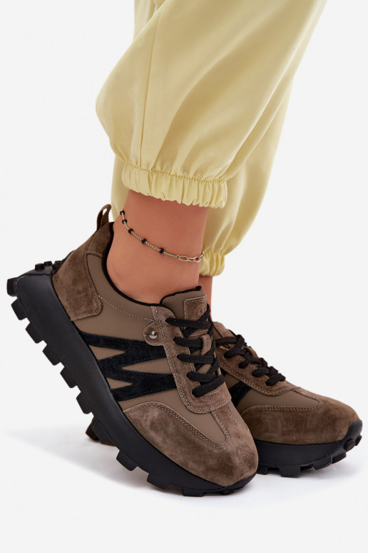 Āda zamšādas Sneakers modeļa apavi Sieviešu ar platformu Vinceza 41520 haki krāsas