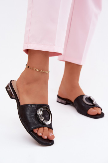 sieviešu čības ar platiem papēžiem ar ornamentiem KV61-6025 melnas krāsas 2