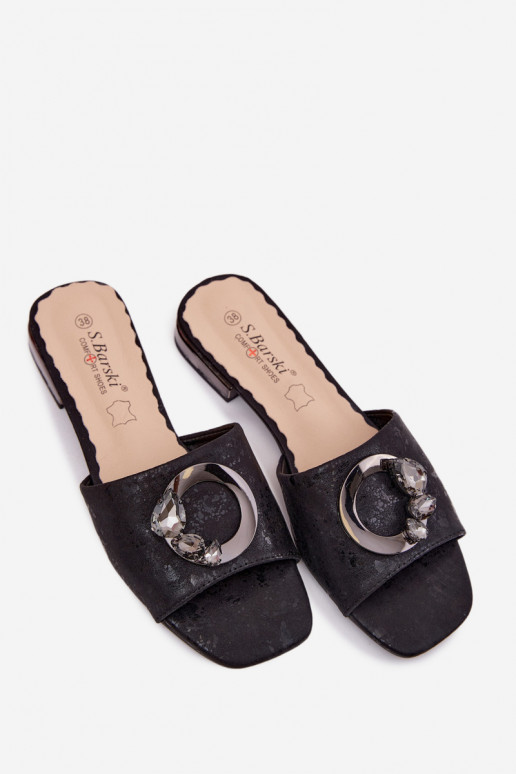 sieviešu čības ar platiem papēžiem ar ornamentiem KV61-6025 melnas krāsas