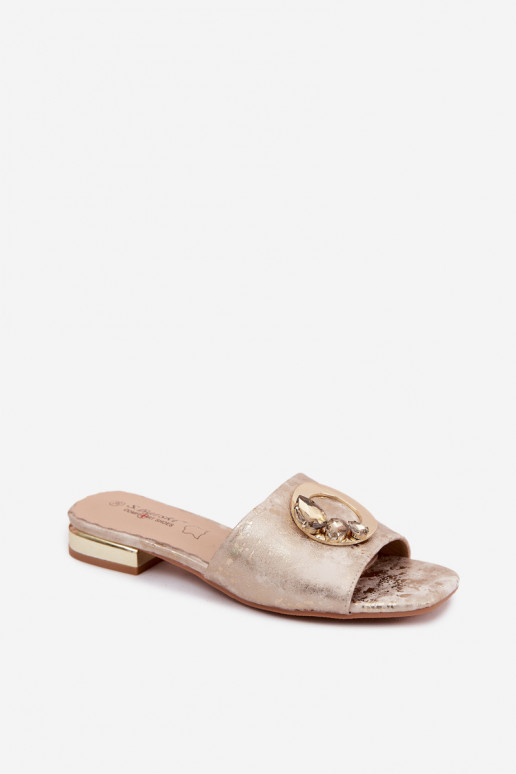 sieviešu čības ar platiem papēžiem ar ornamentiem KV61-6025 Zelta krāsas