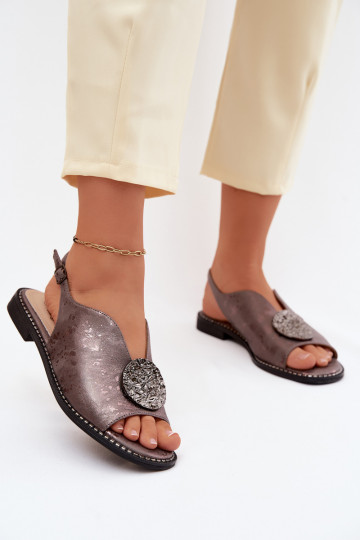 Sieviešu sandales ar platām papēžiem un ornamentiem S.Barski KV61-6035 pelēkā krāsā 2