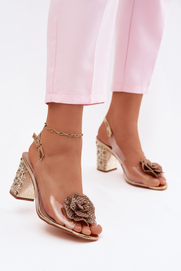 Caurspīdīgas sandales ar papēdi ar mirdzošiem spīdumiem D&A MR61-9013 Zelta krāsas 2