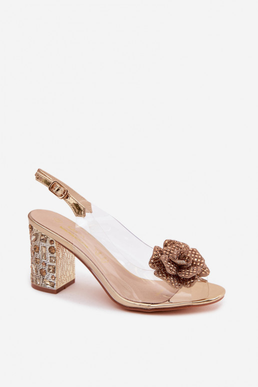 Caurspīdīgas sandales ar papēdi ar mirdzošiem spīdumiem D&A MR61-9013 Zelta krāsas