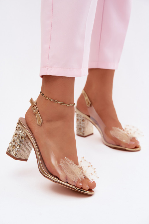 sandales ar papēdi ar mirdzošiem spīdumiem SiateczkoIna ar bantītēm D&A MR61-9010 Zelta krāsas