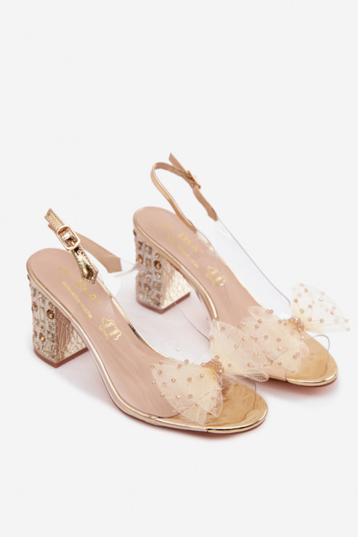 sandales ar papēdi ar mirdzošiem spīdumiem SiateczkoIna ar bantītēm D&A MR61-9010 Zelta krāsas
