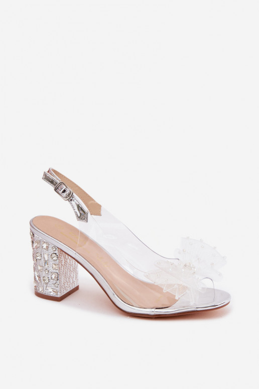 sandales ar papēdi ar mirdzošiem spīdumiem SiateczkoIna ar bantītēm D&A MR61-9010 Sudraba krāsas