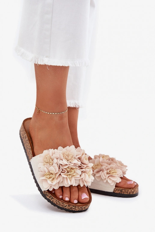 sieviešu čības Uz korķa zoles Ar greznui Ziedskami smilšu krāsas Seleneza