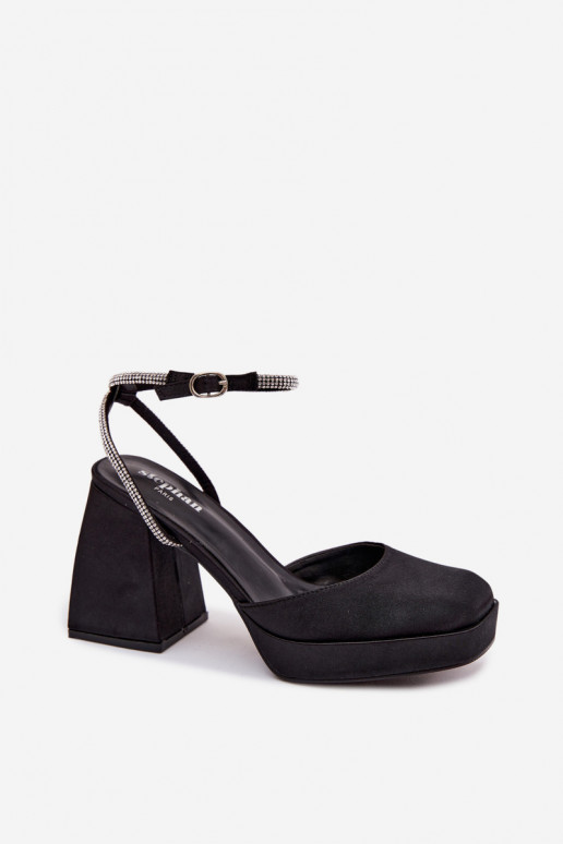 Sieviešu basenes Uz masīviem papēžiem Typu Słupek Pasek ar mirdzošiem spīdumiņiem melnas krāsas Seraphina