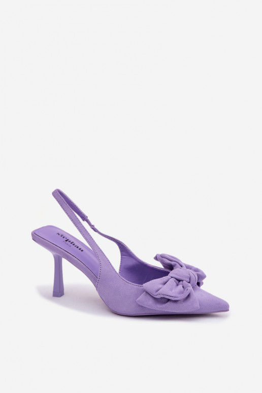 Violetas krāsas sieviešu sandales ar plāniem papēžiem un lentītēm Petrella