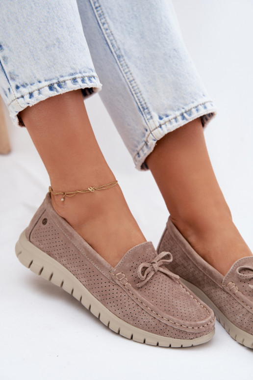 sieviešu mokasīniIeslēgtsturalnego zamšādasu ar bantītēm Vinceza 95401 smilšu krāsas