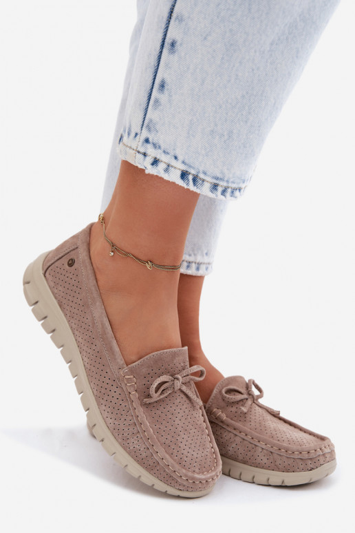 sieviešu mokasīniIeslēgtsturalnego zamšādasu ar bantītēm Vinceza 95401 smilšu krāsas