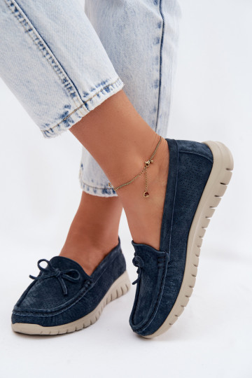 sieviešu mokasīniIeslēgtsturalnego zamšādasu ar bantītēm Vinceza 95401 tumši zilas krāsas