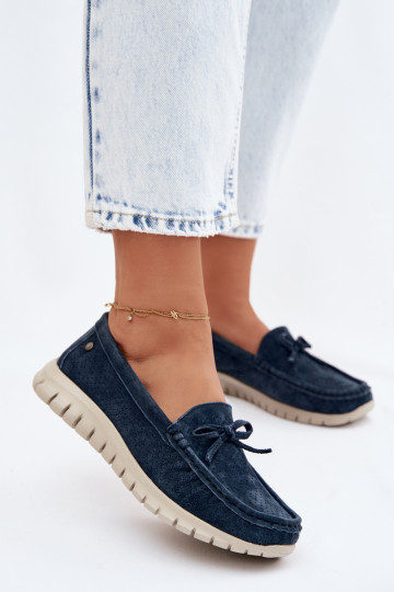 sieviešu mokasīniIeslēgtsturalnego zamšādasu ar bantītēm Vinceza 95401 tumši zilas krāsas 2