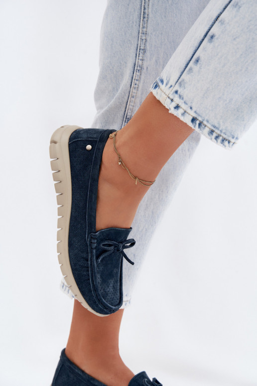 sieviešu mokasīniIeslēgtsturalnego zamšādasu ar bantītēm Vinceza 95401 tumši zilas krāsas